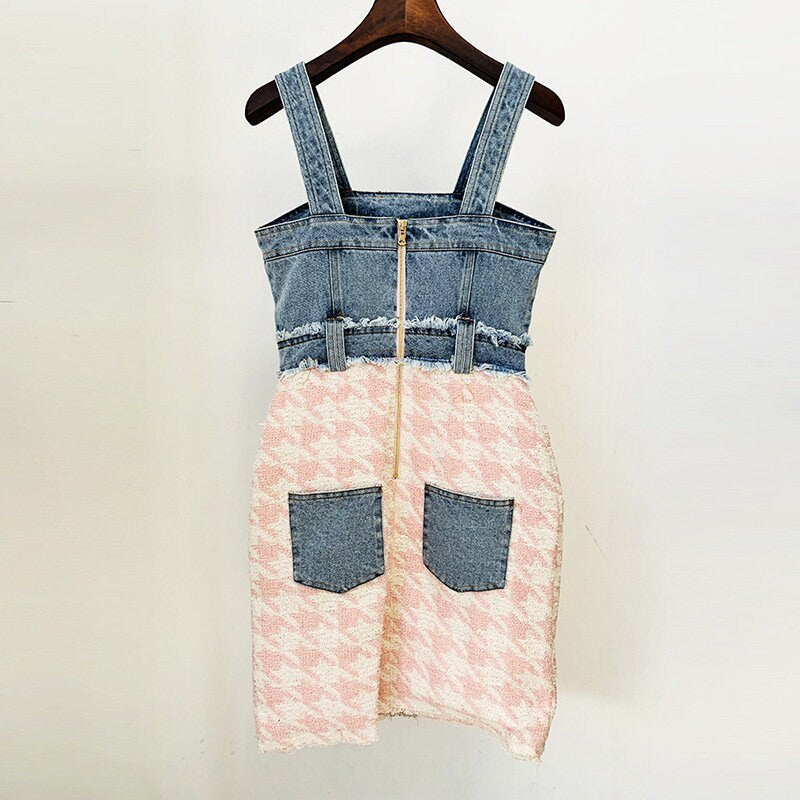 Denim patchwork vest dress, designer woman one piece rompers casual dress for Smart Casual/ Formal/ Party/ Gift for her