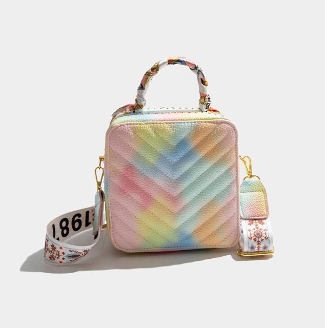 Rainbow gradient square handbag with adjustable strap, vibrant color lady party shoulder bag, cross body bag purse small clutch scarf