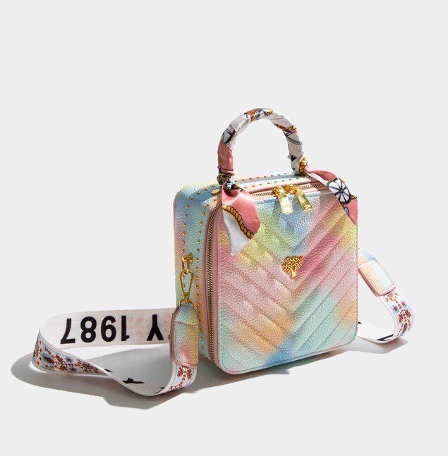 Rainbow gradient square handbag with adjustable strap, vibrant color lady party shoulder bag, cross body bag purse small clutch scarf