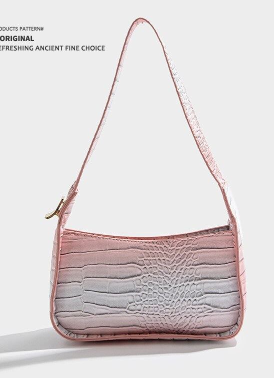 Pink gradient handbag with fixed strap, vibrant color lady party PU shoulder bag, non-cross body bag purse small clutch