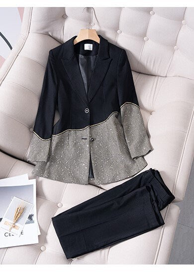 Asymmetrical shiny blazer + shorts/ boot cut pants, designer woman suit set for formal business work prom party birthday