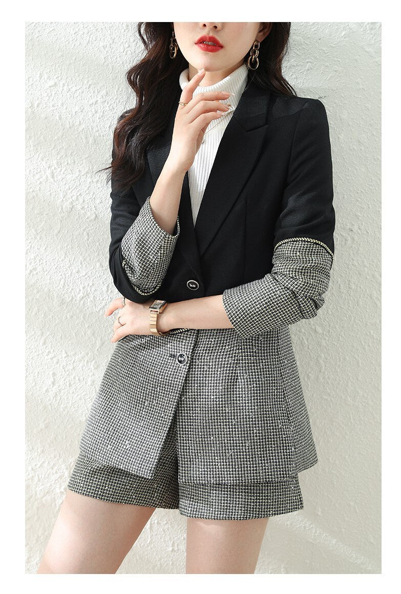 Asymmetrical shiny blazer + shorts/ boot cut pants, designer woman suit set for formal business work prom party birthday