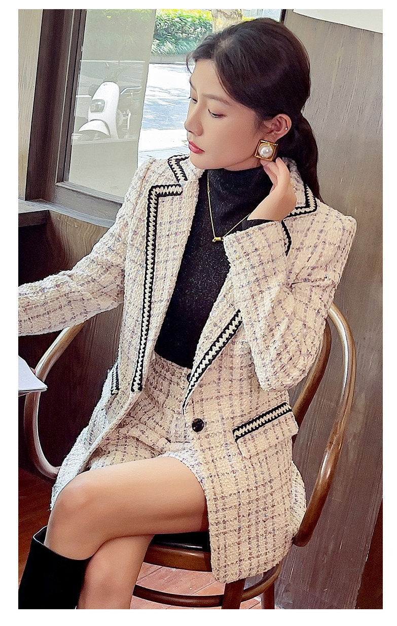 Deluxe fluffy suit jacket + shorts, designer woman beige/ blue suit set for formal business work prom party birthday