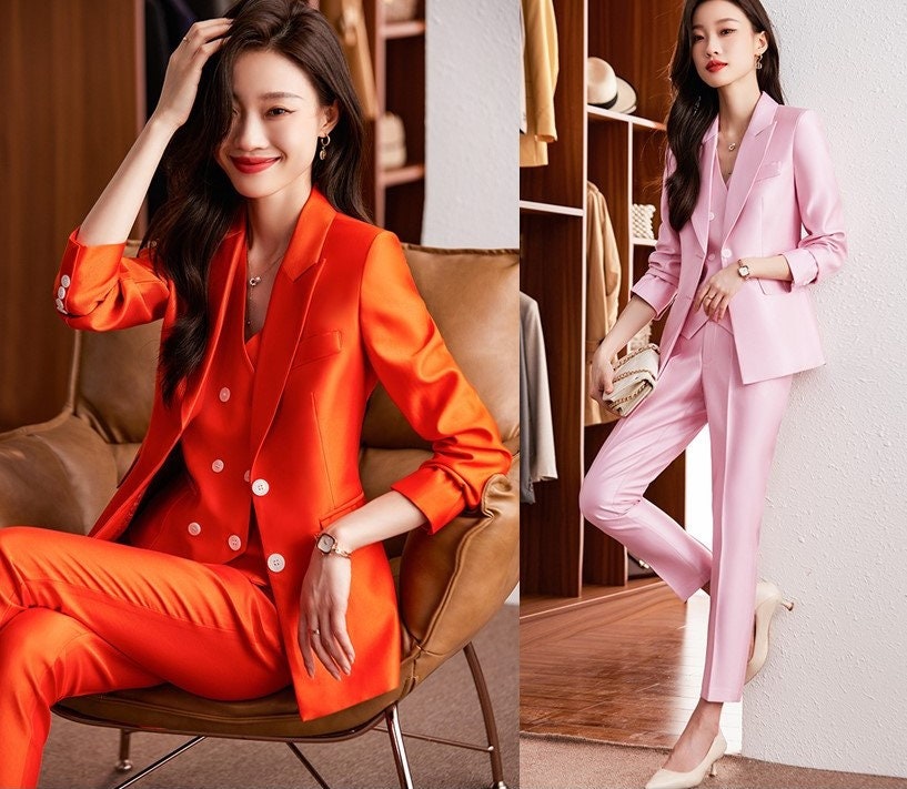 Pink/ Orange Shiny Pantsuit, Designer Woman Suit Jacket + Pants + Vest Set Minimalist Style for Smart Casual/ Formal/ Wedding/ Prom/ Gift