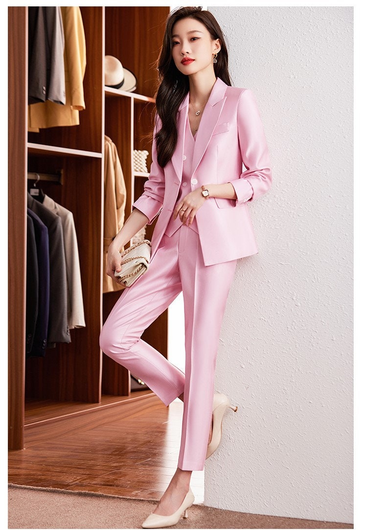 Pink/ Orange Shiny Pantsuit, Designer Woman Suit Jacket + Pants + Vest Set Minimalist Style for Smart Casual/ Formal/ Wedding/ Prom/ Gift