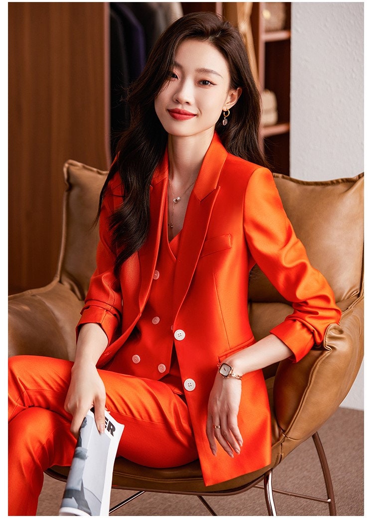 Pink/ Orange Shiny Pantsuit, Designer Woman Suit Jacket + Pants + Vest Set Minimalist Style for Smart Casual/ Formal/ Wedding/ Prom/ Gift