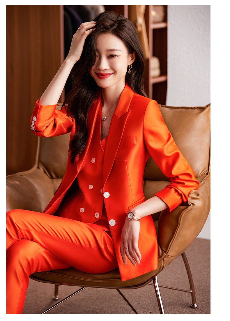 Pink/ Orange Shiny Pantsuit, Designer Woman Suit Jacket + Pants + Vest Set Minimalist Style for Smart Casual/ Formal/ Wedding/ Prom/ Gift