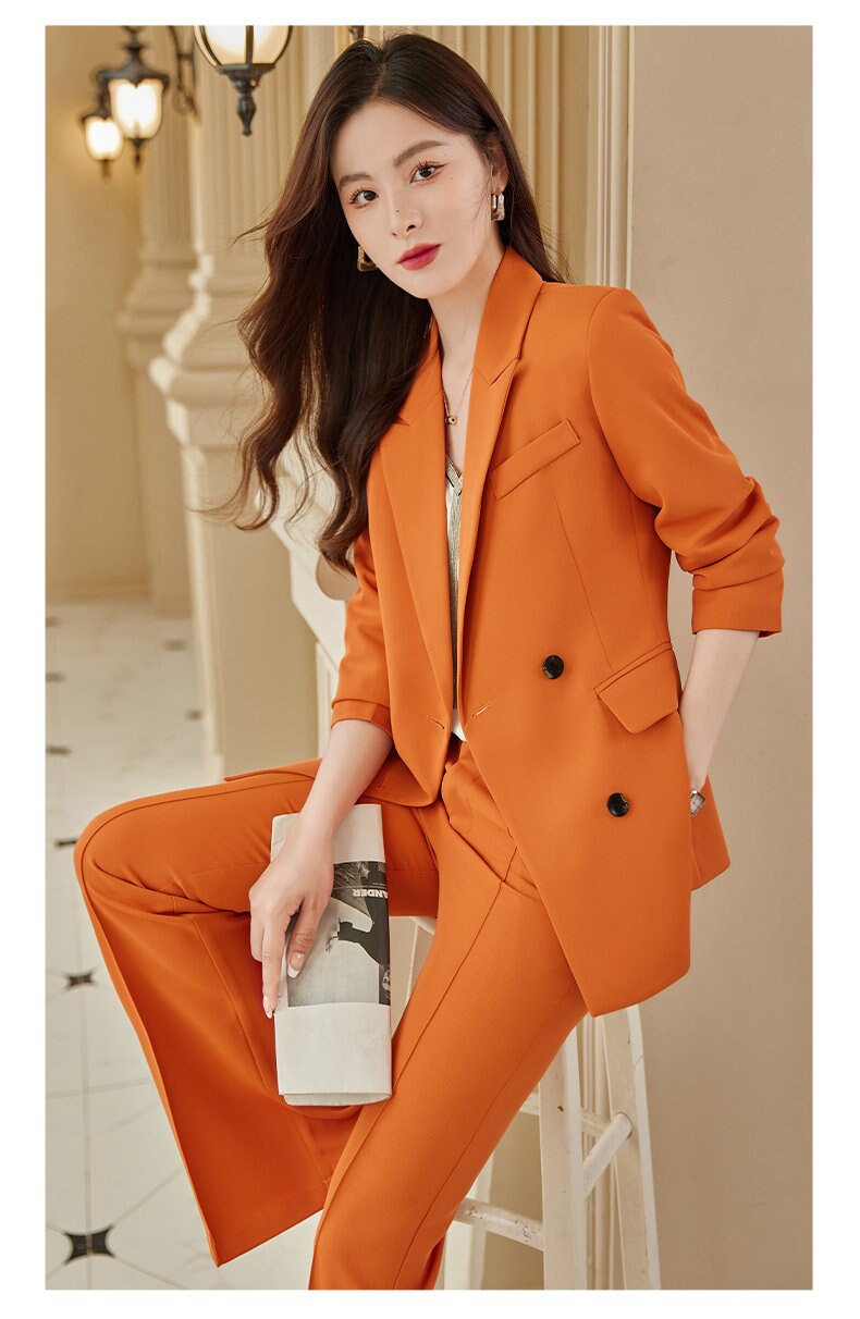 Orange/ Green/ Black Pantsuit, Designer Woman Suit Jacket + Pants Set Minimalist Style Smart Casual/ Formal Office work/ Wedding/ Prom