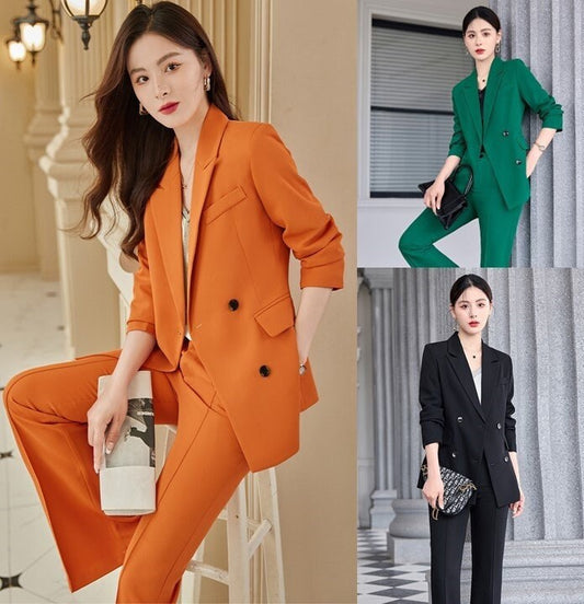 Orange/ Green/ Black Pantsuit, Designer Woman Suit Jacket + Pants Set Minimalist Style Smart Casual/ Formal Office work/ Wedding/ Prom