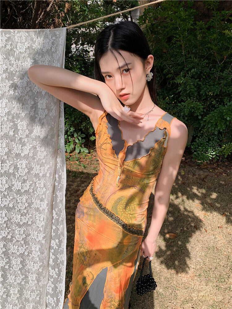 Painting graphics vintage one piece dress, designer woman asymmetrical irregular layered ripped dress cool catwalk model fashion