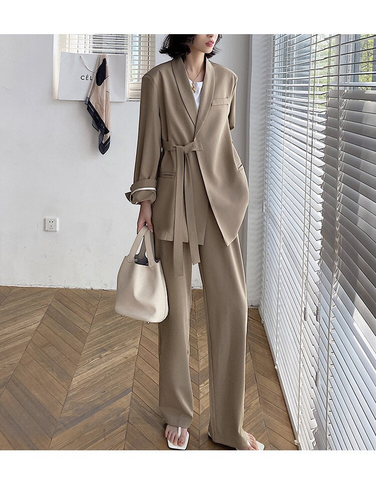 Light brown pantsuit, designer woman suit jacket + pants suit set, chic loose fit Korean smart casual formal office work party event gift