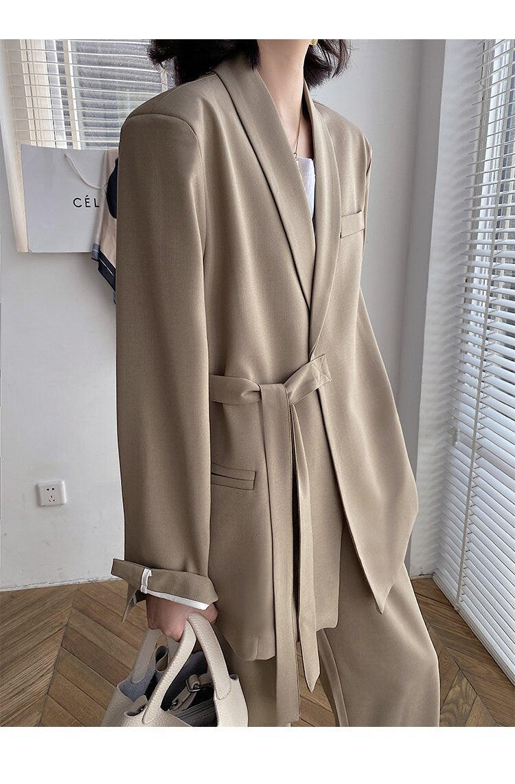 Light brown pantsuit, designer woman suit jacket + pants suit set, chic loose fit Korean smart casual formal office work party event gift