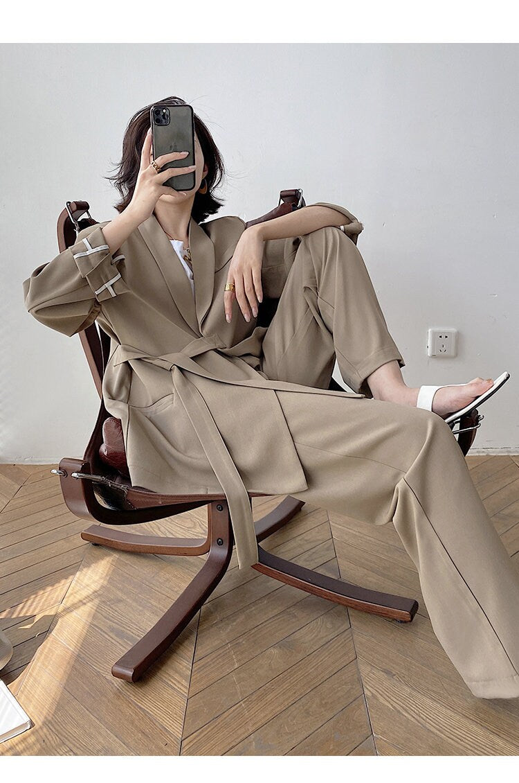 Light brown pantsuit, designer woman suit jacket + pants suit set, chic loose fit Korean smart casual formal office work party event gift