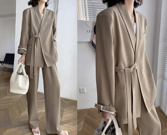 Light brown pantsuit, designer woman suit jacket + pants suit set, chic loose fit Korean smart casual formal office work party event gift