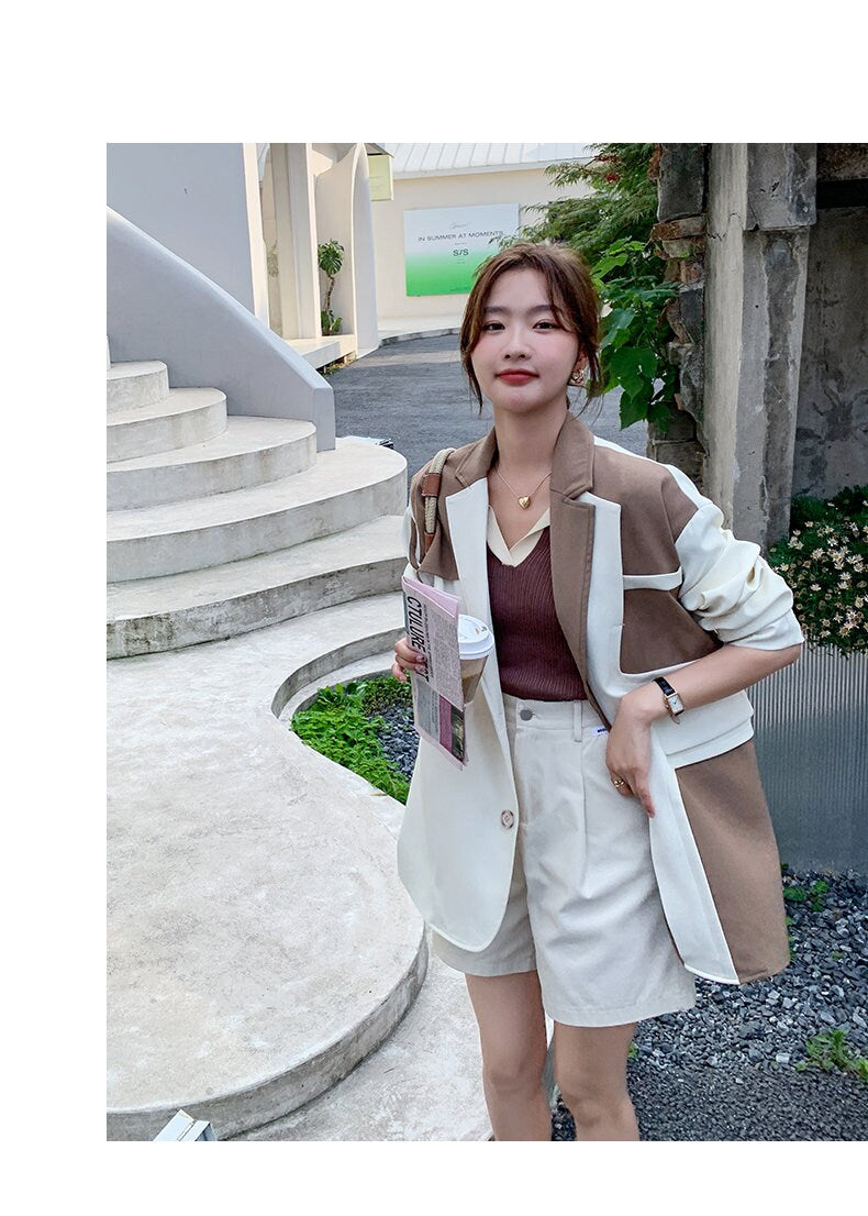 Brown patchwork blazer, designer woman suit jacket , chic loose fit Korean smart casual formal office work party gift