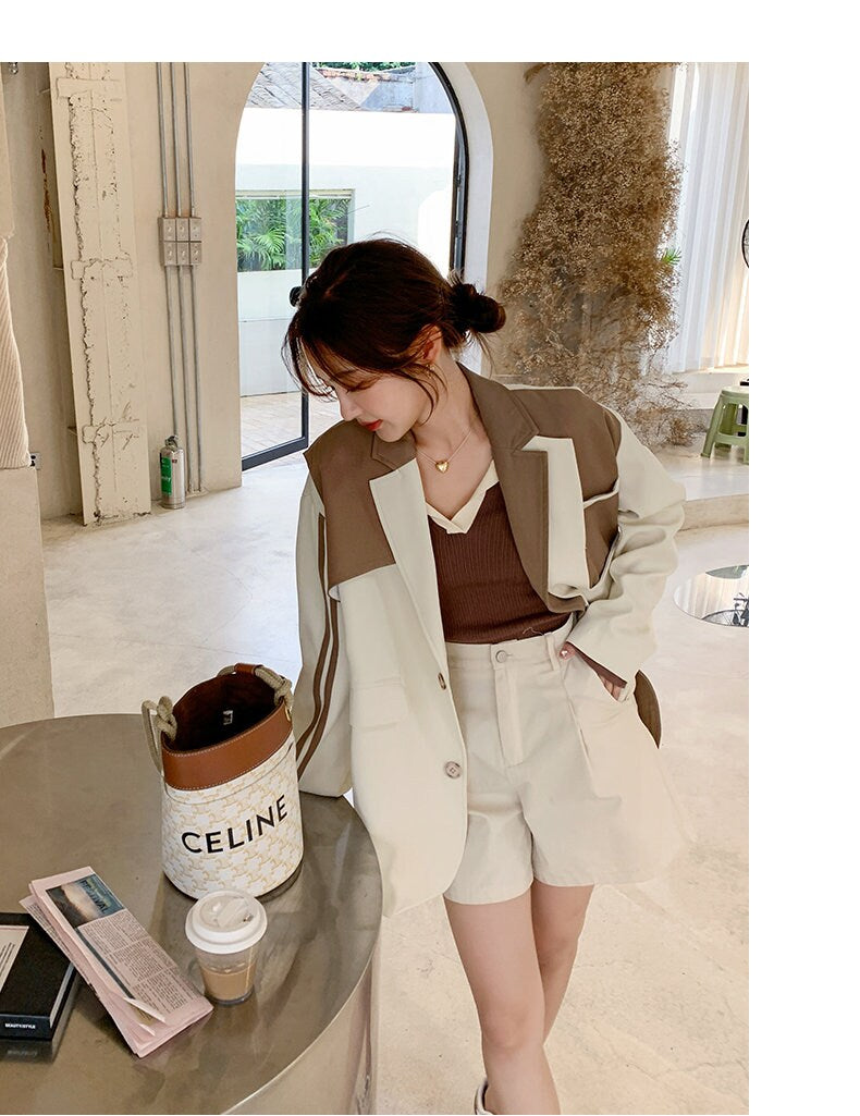 Brown patchwork blazer, designer woman suit jacket , chic loose fit Korean smart casual formal office work party gift