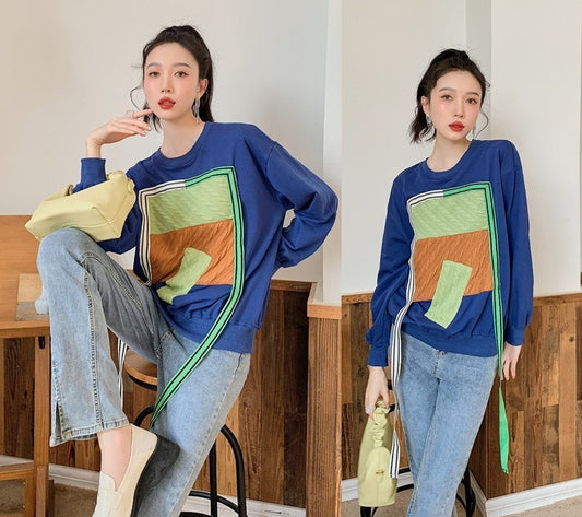 Patchwork baseball sweater, chic style designer woman artistic sweatshirt smart casual office wear outdoors gift for her