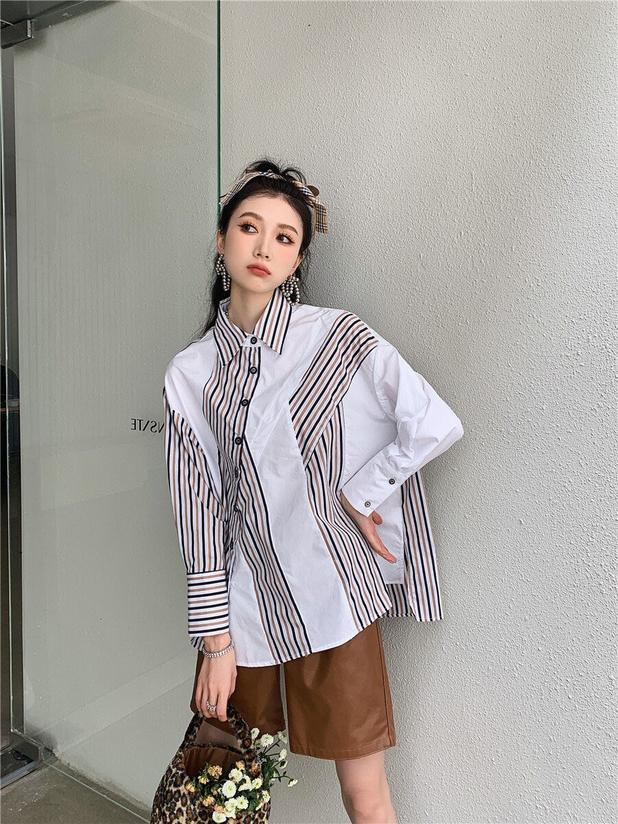 Asymmetrical loose fit geometry blouse, designer woman button shirt patchwork graphics smart casual office wear formal gift for her