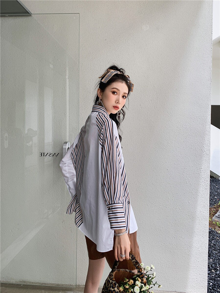 Asymmetrical loose fit geometry blouse, designer woman button shirt patchwork graphics smart casual office wear formal gift for her