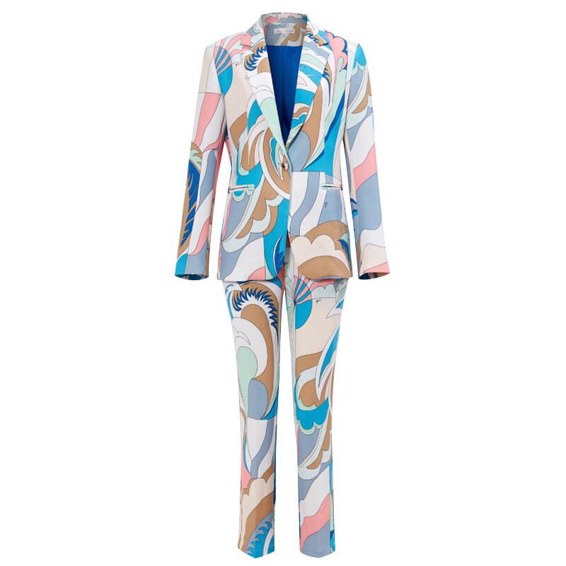 Abstract pattern print pantsuit, designer woman colorful suit jacket + pants suit set smart casual formal office work wedding prom gift