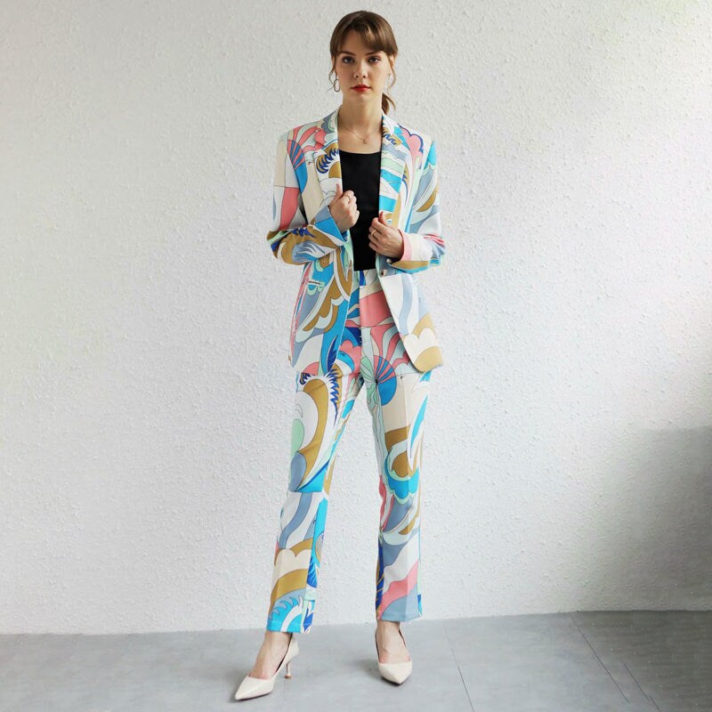 Abstract pattern print pantsuit, designer woman colorful suit jacket + pants suit set smart casual formal office work wedding prom gift