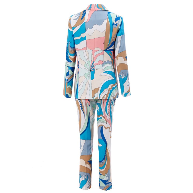 Abstract pattern print pantsuit, designer woman colorful suit jacket + pants suit set smart casual formal office work wedding prom gift