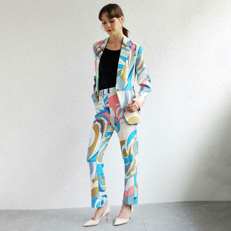 Abstract pattern print pantsuit, designer woman colorful suit jacket + pants suit set smart casual formal office work wedding prom gift