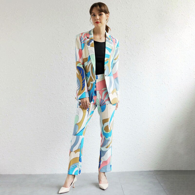 Abstract pattern print pantsuit, designer woman colorful suit jacket + pants suit set smart casual formal office work wedding prom gift