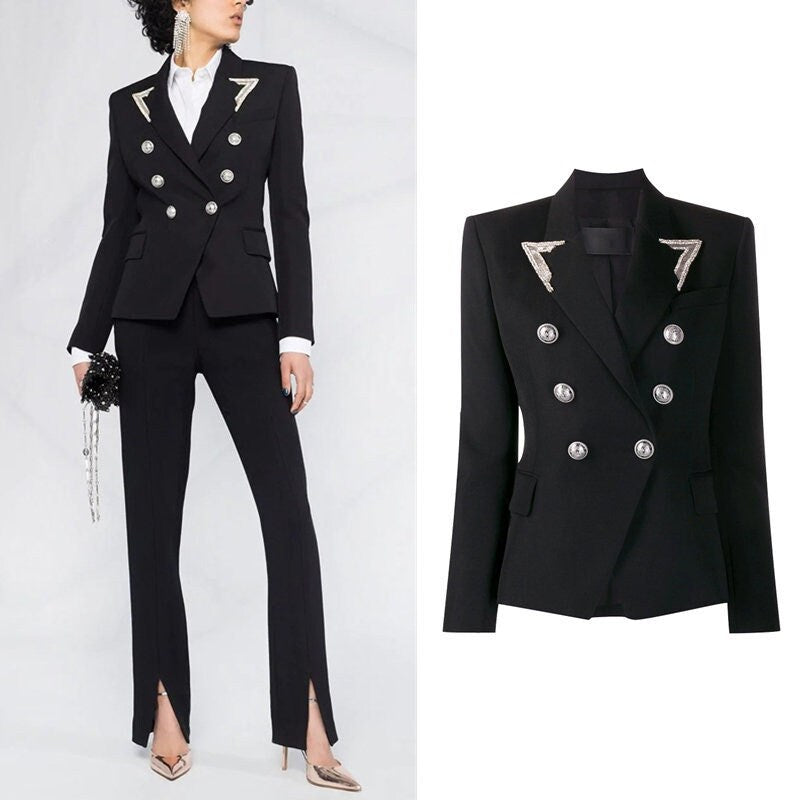 Black/White Silver Collar Blazer, Designer Women Suit Jacket Shiny Sequin Model Catwalk Wedding Smart Casual/ Formal/ Event/ Party