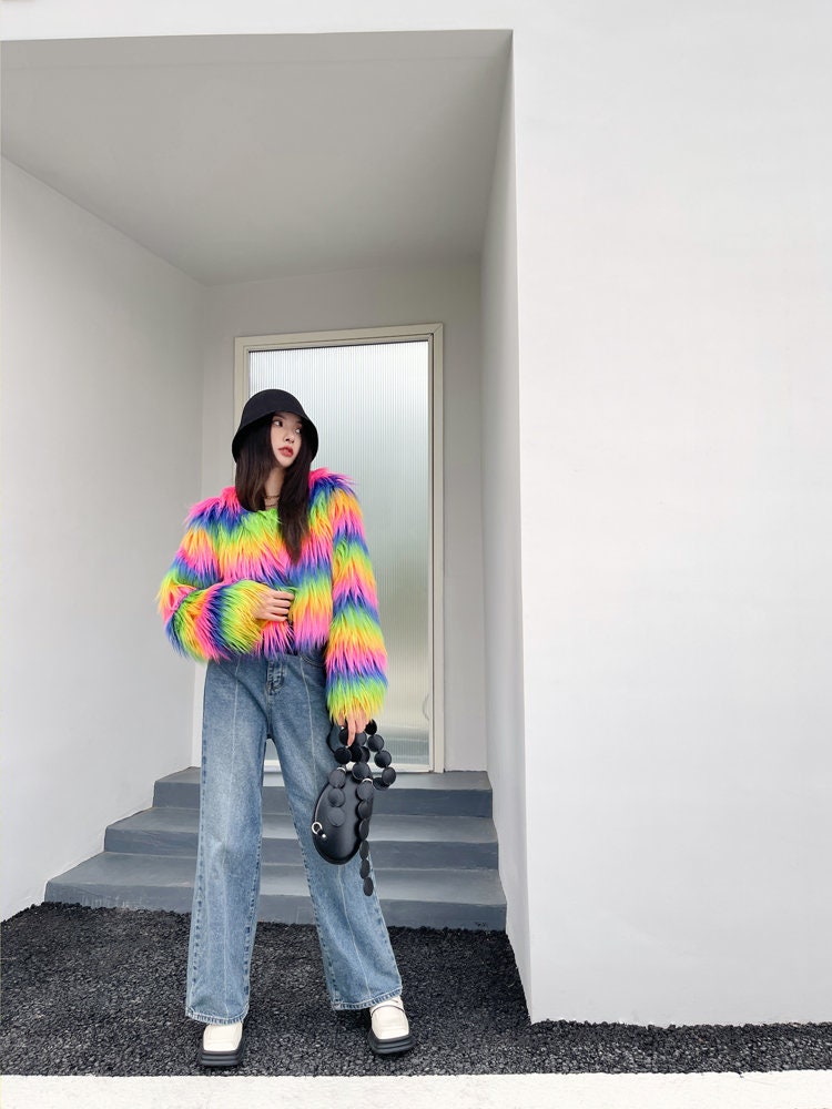 Fluffy furry faux fur jacket coat rainbow color rave punk goth cozy plur top party clubwear unique designer outdoors gift for her