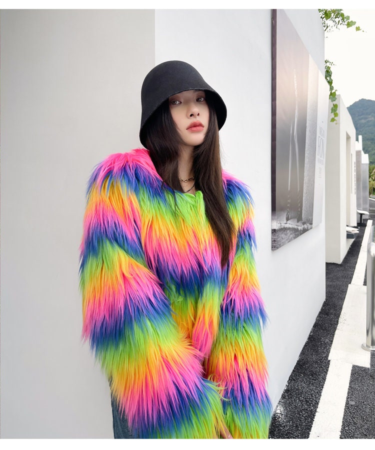 Fluffy furry faux fur jacket coat rainbow color rave punk goth cozy plur top party clubwear unique designer outdoors gift for her