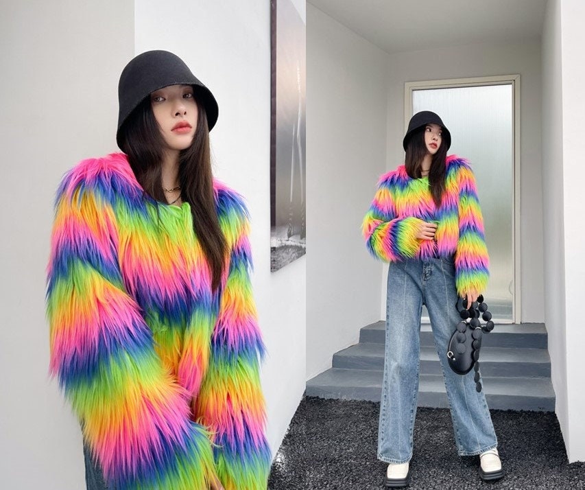 Fluffy furry faux fur jacket coat rainbow color rave punk goth cozy plur top party clubwear unique designer outdoors gift for her