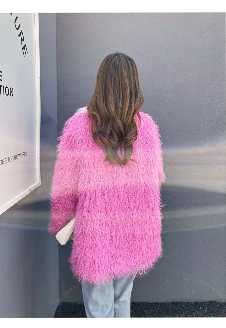 Fluffy furry faux fur jacket coat multi-color rave punk goth cozy plur top party clubwear unique designer winter jacket