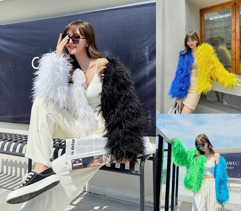 Fluffy furry faux fur jacket coat bi-color patchwork rave punk goth cozy plur top party clubwear unique designer winter jacket