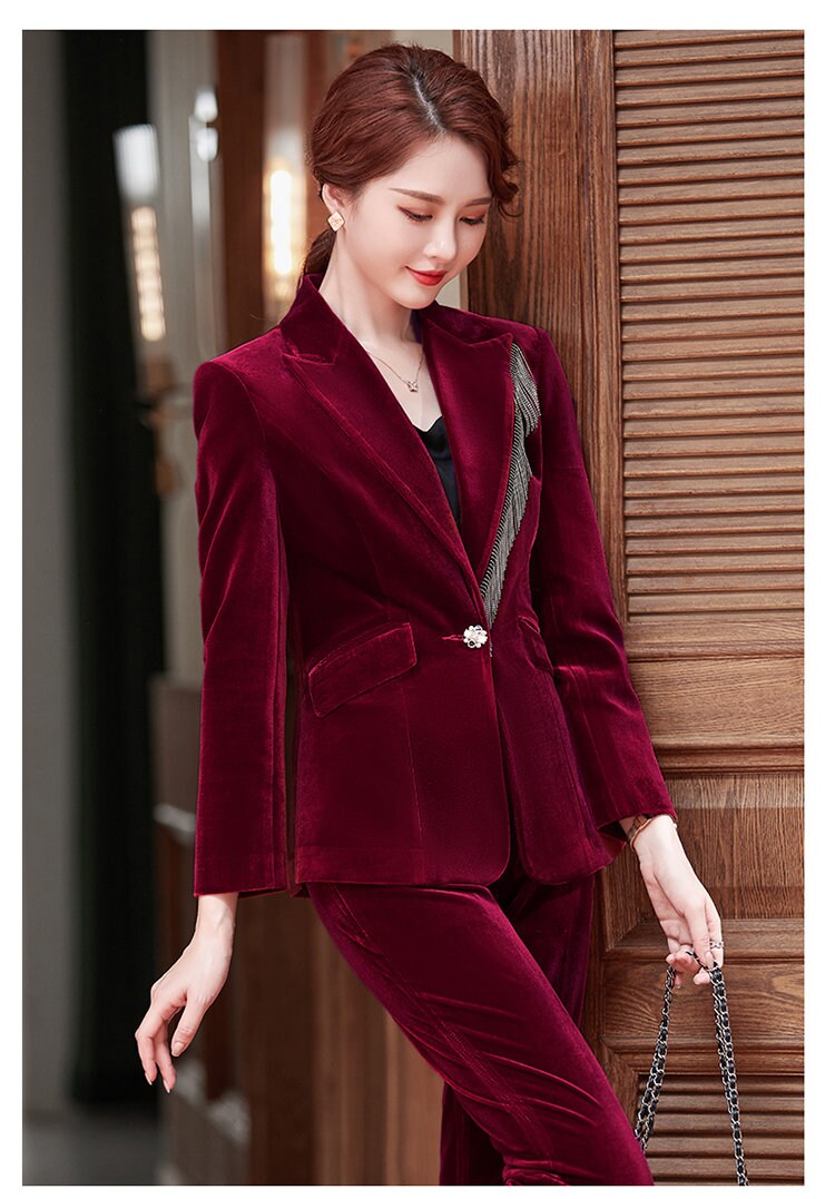 Red/ Blue / Black corduroy pantsuit, designer woman suit jacket + pants suit set formal wear office work party birthday event wedding gift