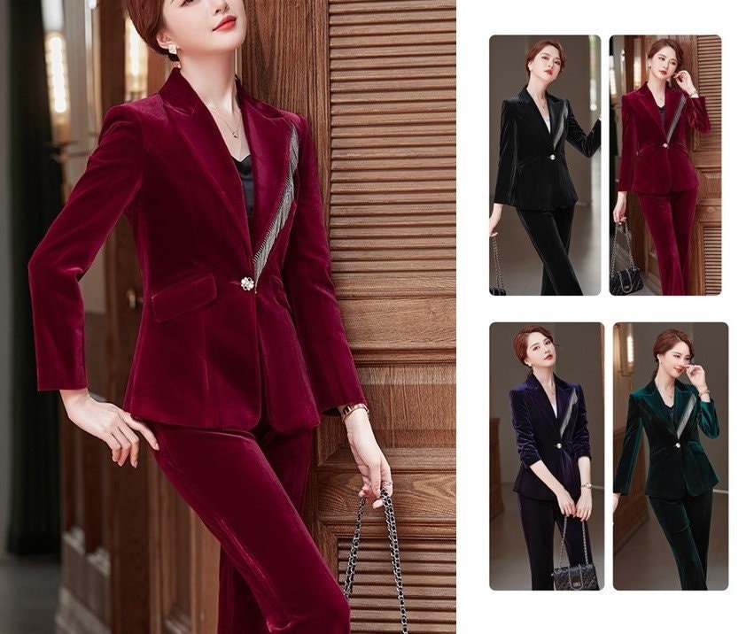 Red/ Blue / Black corduroy pantsuit, designer woman suit jacket + pants suit set formal wear office work party birthday event wedding gift