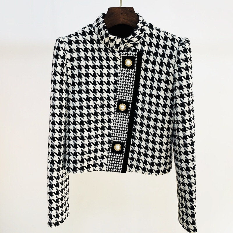 Black & white checkered Women short blazer, designer slim cut suit jacket Formal Woman Suit Event Party Wedding Gift for her KOL IG