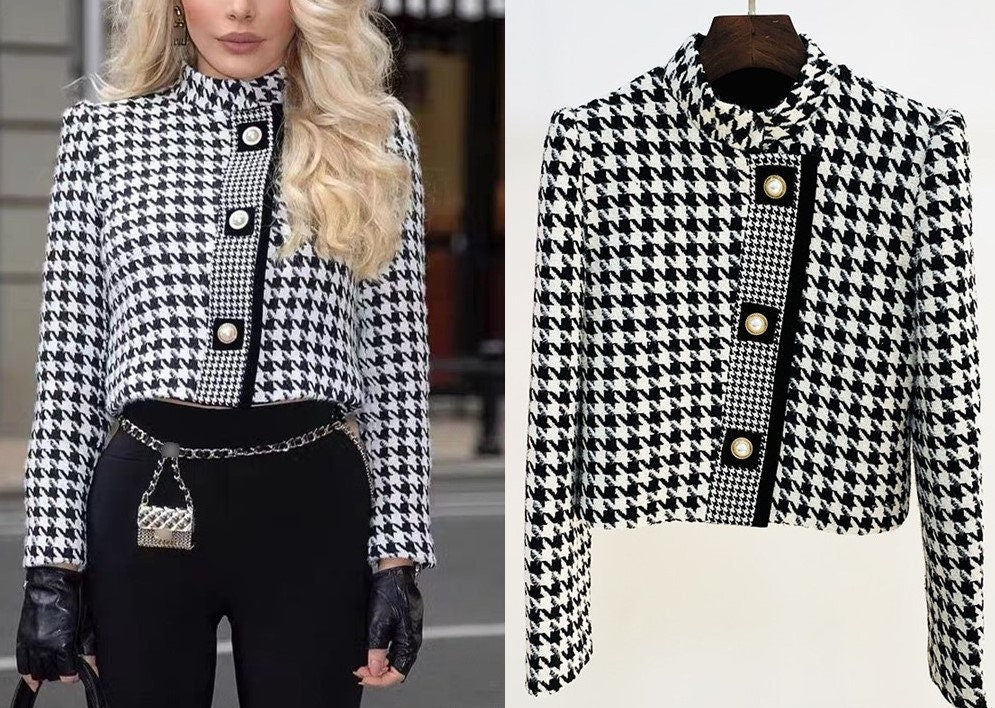 Black & white checkered Women short blazer, designer slim cut suit jacket Formal Woman Suit Event Party Wedding Gift for her KOL IG