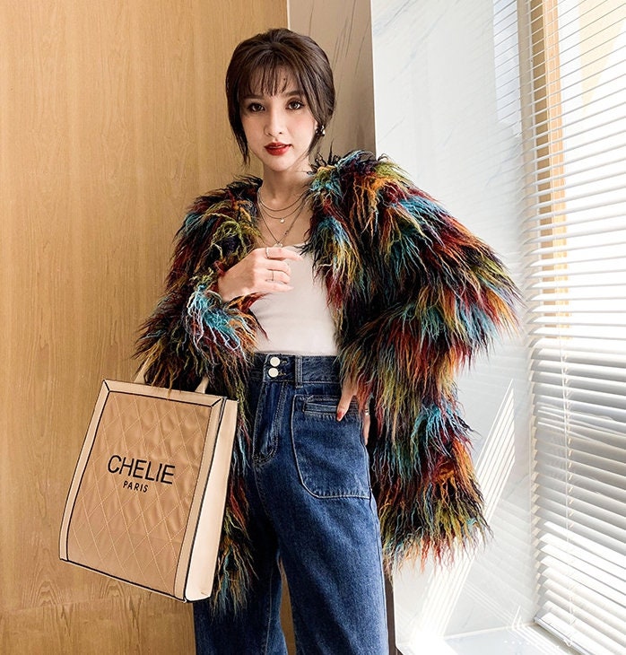 Furry wool fur jacket coat mixed color rave punk goth cozy plur top party clubwear unique designer outdoors gift for her