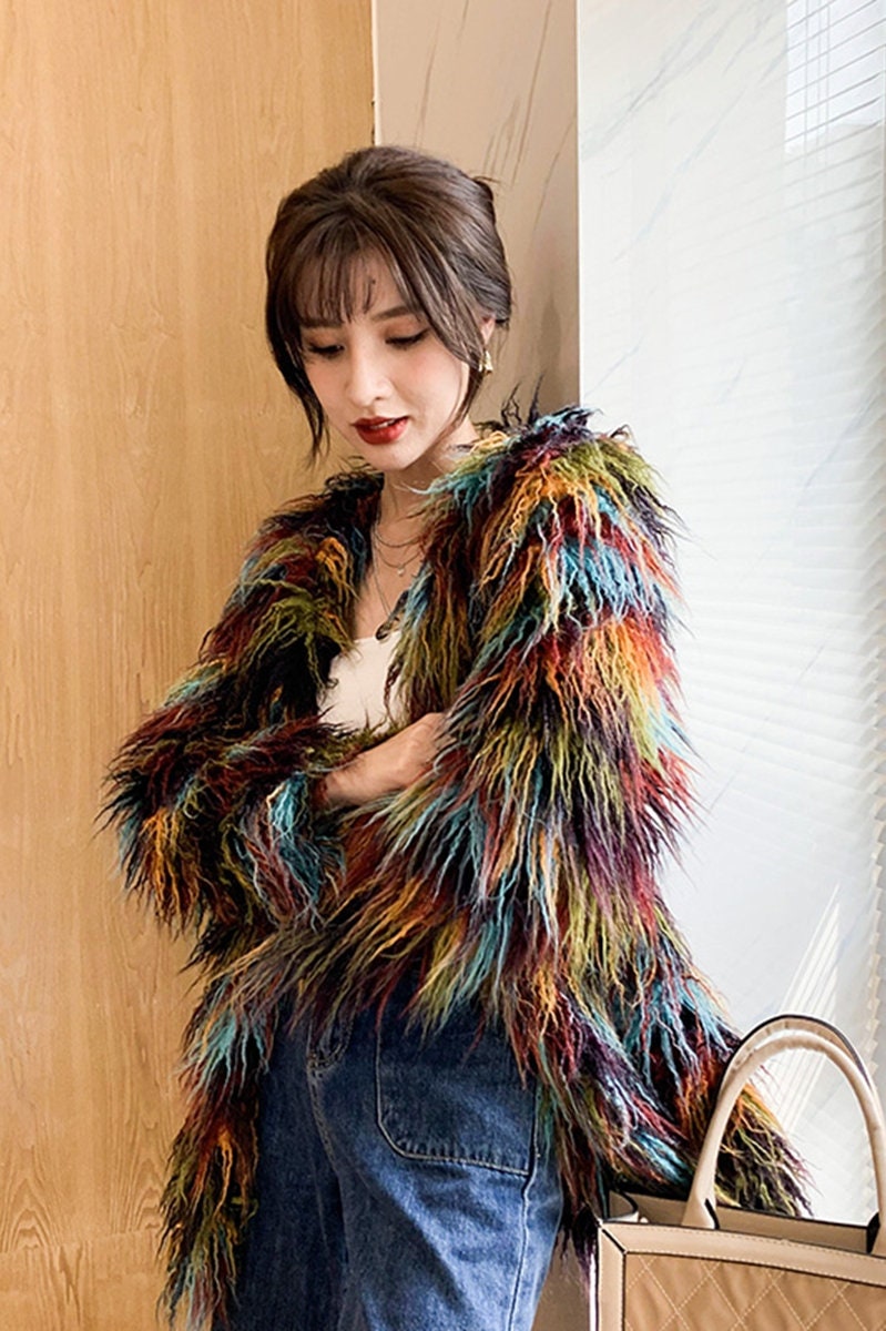 Furry wool fur jacket coat mixed color rave punk goth cozy plur top party clubwear unique designer outdoors gift for her