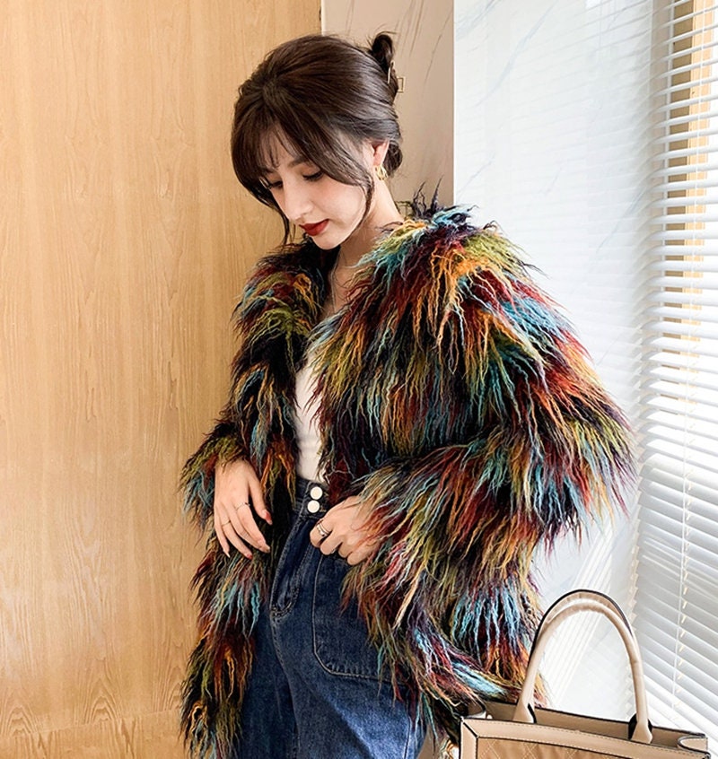 Furry wool fur jacket coat mixed color rave punk goth cozy plur top party clubwear unique designer outdoors gift for her