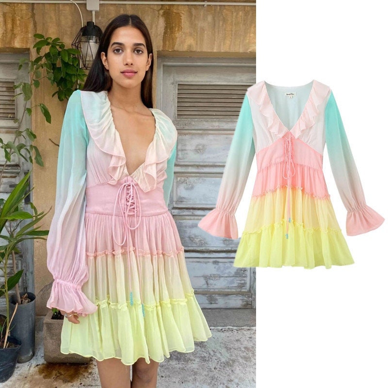 Rainbow princess dress, designer woman deep V puffy sleeves fairy pastel color party event wedding birthday gift