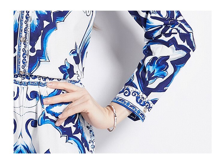 Abstract art print blouse + pants, designer woman 2 piece clothe set blue toile graphics smart casual event party wedding prom gift