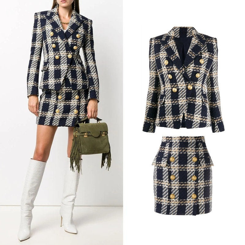 British style classic checkered blazer + dress set, designer woman high waist suit jacket + dress suit set formal office work wedding prom