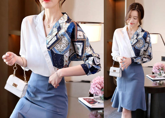 Asymmetrical abstract pattern chiffon blouse, designer woman button shirt soft light material smart casual formal office work business gift