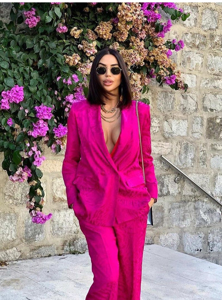 Sharp pink pantsuit, designer woman lace pattern suit jacket + pants suit set smart casual formal office work wedding prom birthday gift