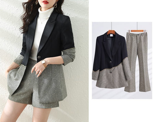 Asymmetrical shiny blazer + shorts/ boot cut pants, designer woman suit set for formal business work prom party birthday