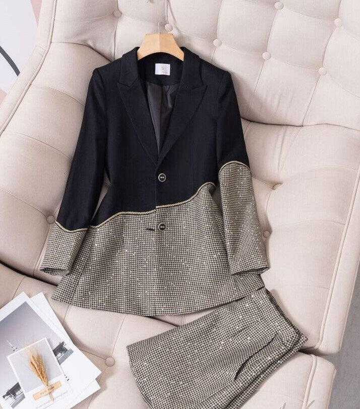 Asymmetrical shiny blazer + shorts/ boot cut pants, designer woman suit set for formal business work prom party birthday