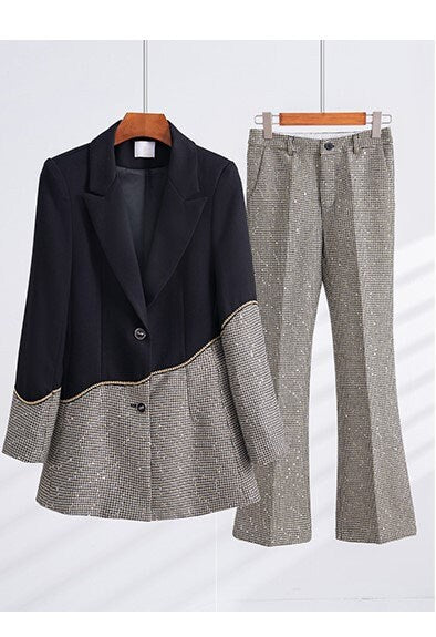 Asymmetrical shiny blazer + shorts/ boot cut pants, designer woman suit set for formal business work prom party birthday