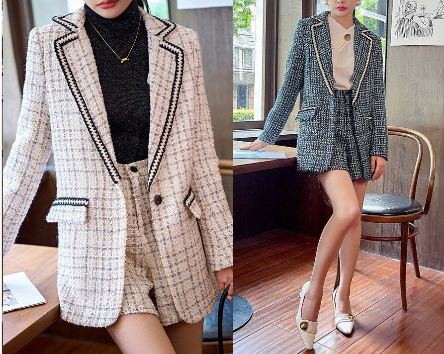 Deluxe fluffy suit jacket + shorts, designer woman beige/ blue suit set for formal business work prom party birthday